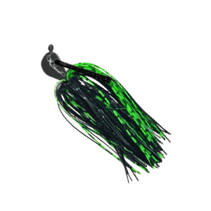 Black Arky jig with black and green silicone skirt and a black weedguard for bass fishing.
