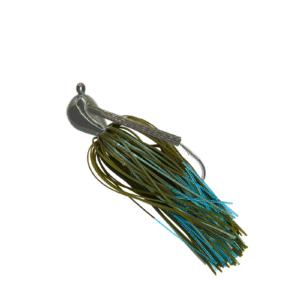 Green pumpkin Arky jig with green pumpkin and blue silicone skirt and a green pumpkin weedguard for bass fishing.