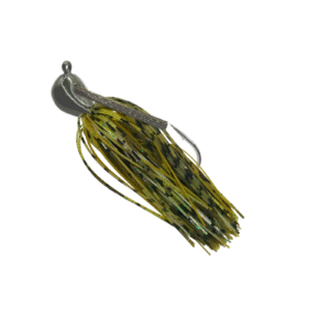 Green pumpkin Arky jig with green pumpkin and brown silicone skirt and a green pumpkin weedguard for bass fishing.