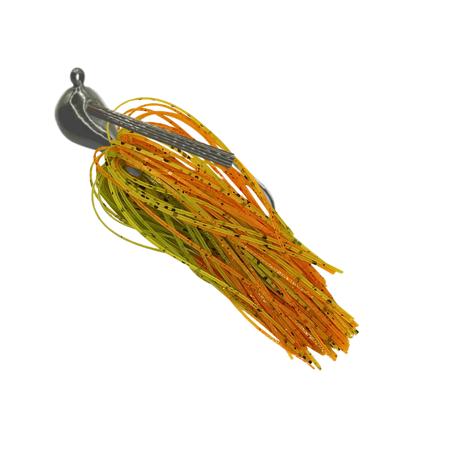 Arky-arkie-fishing-jig-green-pumpkin-orange-toxic-pumpkin - 777 tackle Green pumpkin Arky jig with green pumpkin and orange silicone skirt and a green pumpkin weedguard for bass fishing.