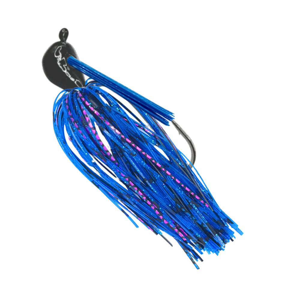 Arky-jig-blue-purple-black-night-shade - 777 tackle Black Arky jig with blue and purple silicone skirt and a blue weedguard for bass fishing.