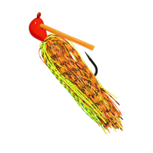 Blaze orange Arky jig with chartreuse and orange silicone skirt and an orange weedguard for bass fishing.