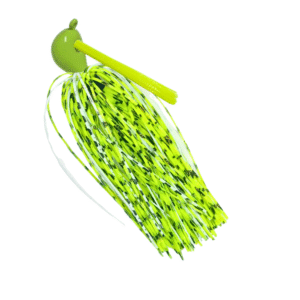 Chartreuse Arky jig with chartreuse, white, and silver silicone skirt and a chartreuse weedguard for bass fishing.