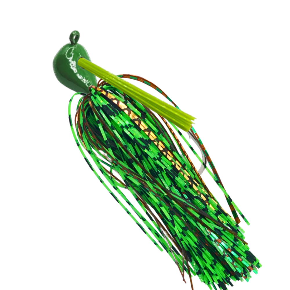 Arky-jig-green-melon-copper - 777 tackle Baby bass green Arky jig with green and copper silicone skirt and a lime green weedguard for bass fishing.