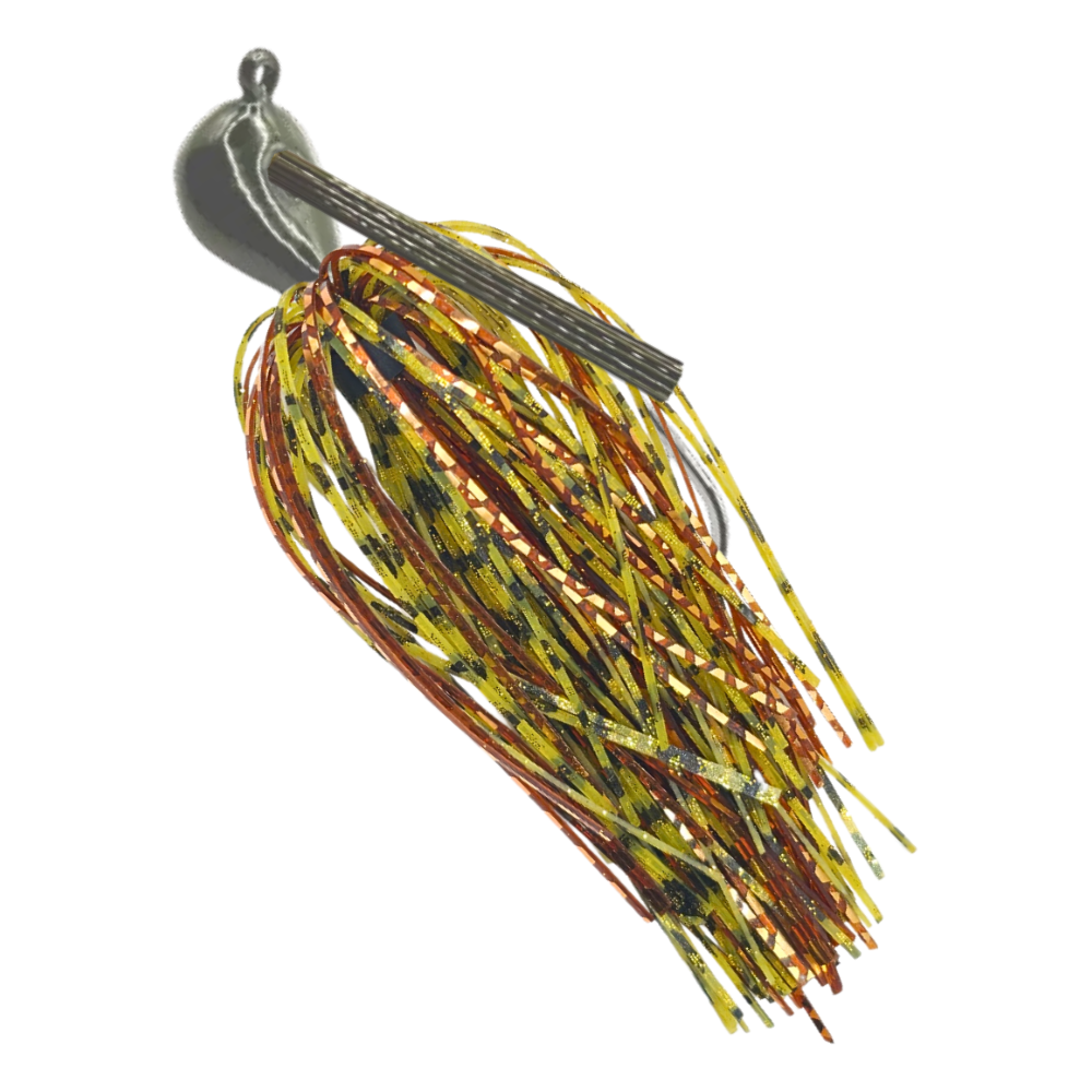 Arky-jig-green-pumpkin-brown-copper-dirty-olive - 777 tackle Green pumpkin Arky jig with green pumpkin, brown, and copper silicone skirt and a green pumpkin weedguard for bass fishing.