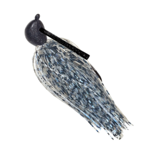 Matte black Arky jig with bluegill silicone skirt and a black weedguard for bass fishing.