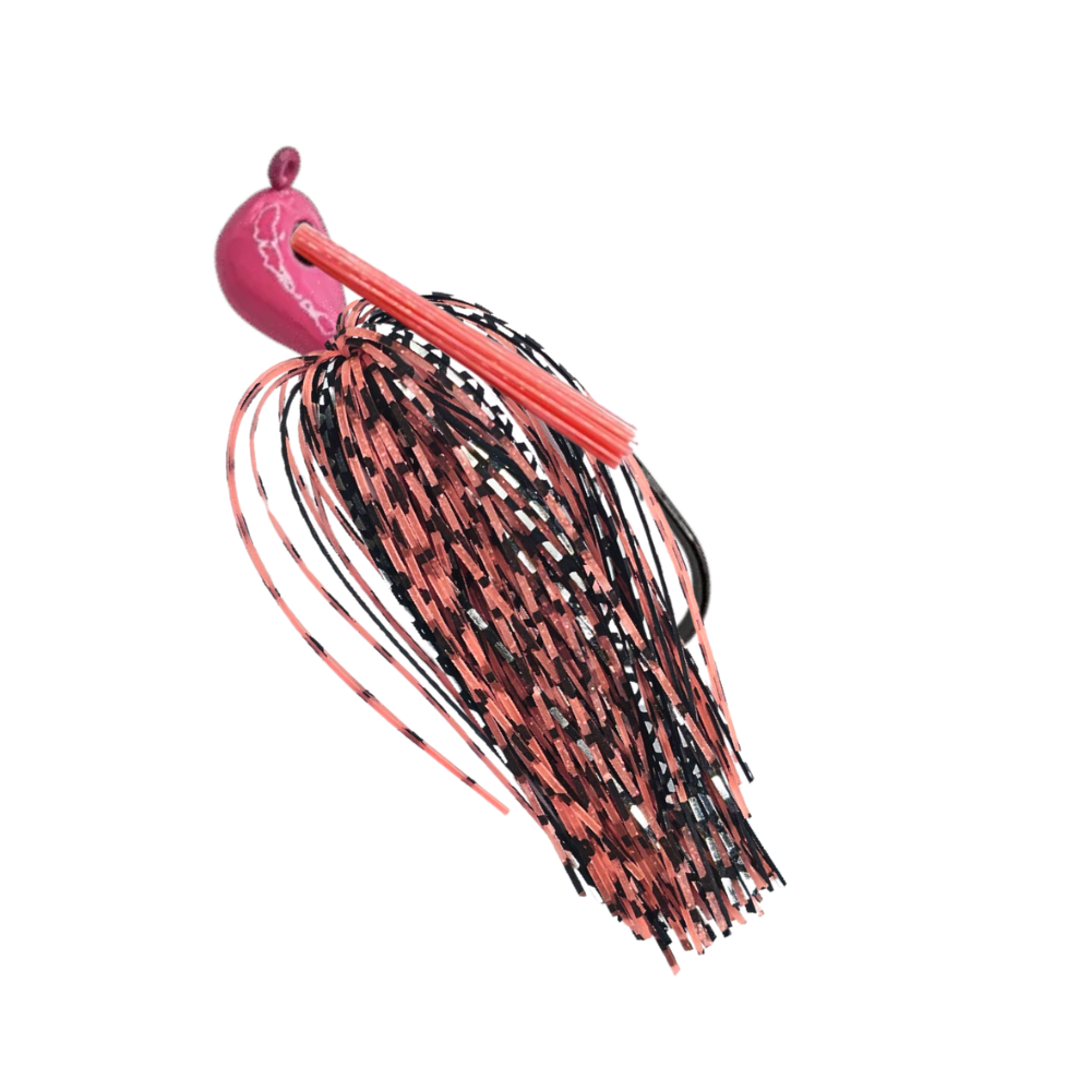 Arky-jig-pink-black-silver-pink-panther - 777 tackle Hot pink Arky jig with pink, black, and silver silicone skirt and a pink weedguard for bass fishing.