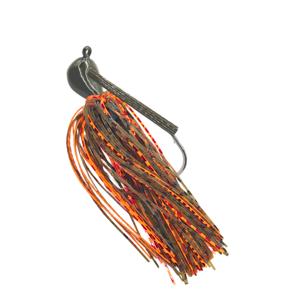 Arky-jig-pumpkin-copper-orange-jack-o-lantern - 777 tackle Green pumpkin Arky jig with pumpkin, copper, and orange silicone skirt and a green pumpkin weedguard for bass fishing.
