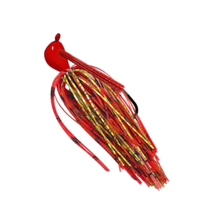 Red Arky jig with red and gold silicone skirt and a red weedguard for bass fishing.