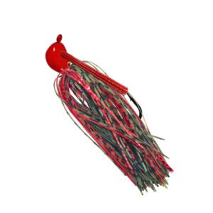 Red Arky jig with watermelon‑red silicone skirt and a red weedguard for bass fishing.