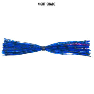 Blue, purple, and black banded silicone skirt for bass fishing.