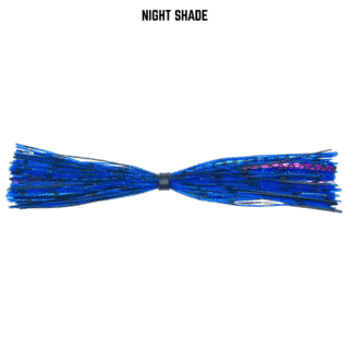 Blue, purple, and black banded silicone skirt for bass fishing.