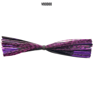Black and purple banded silicone skirt for bass fishing.