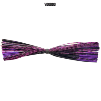 Black and purple banded silicone skirt for bass fishing.