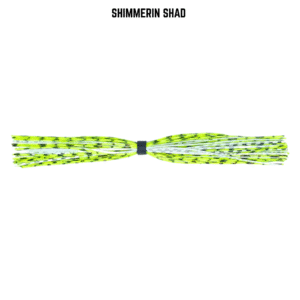 Chartreuse, white, and silver banded silicone skirt for bass fishing.