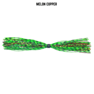 Green melon and copper banded silicone skirt for bass fishing.