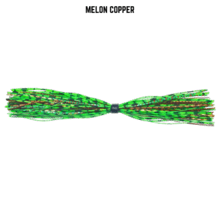 Green melon and copper banded silicone skirt for bass fishing.