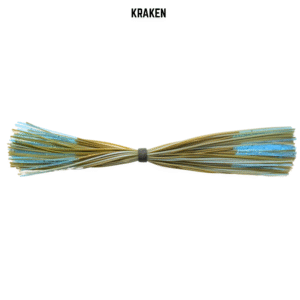 Green pumpkin and blue banded silicone skirt for bass fishing.