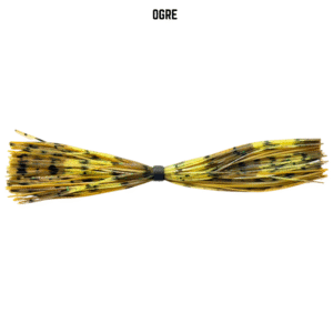 Green pumpkin and brown banded silicone skirt with copper accents for bass fishing.