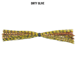 Green pumpkin and copper banded silicone skirt for bass fishing.