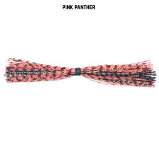 Pink, black, and silver banded silicone skirt for bass fishing.