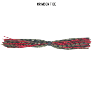 Watermelon‑red and black banded silicone skirt for bass fishing.