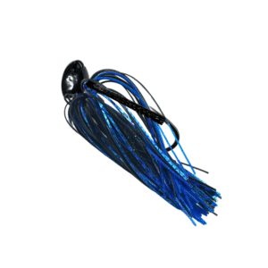 Black Brush jig with a black‑and‑blue silicone skirt and a black weedguard for bass fishing.