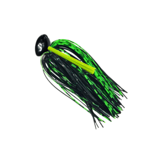 Black Brush jig with a black‑green silicone skirt and a chartreuse weedguard for bass fishing.