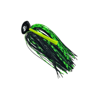 Black Brush jig with a black‑green silicone skirt and a chartreuse weedguard for bass fishing.