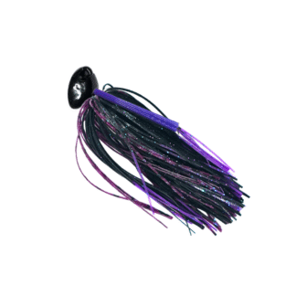 Black Brush jig with a black‑purple silicone skirt and a purple weedguard for bass fishing.
