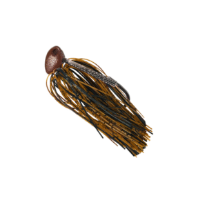 Matte brown Brush jig with a brown‑orange silicone skirt and a brown weedguard for bass fishing.