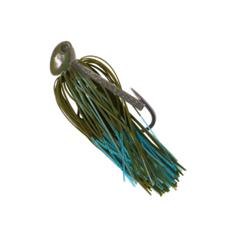 Green pumpkin Brush jig with a green‑pumpkin/blue silicone skirt and a green pumpkin weedguard for bass fishing.