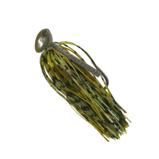 Green pumpkin Brush jig with a green‑pumpkin/brown silicone skirt and a green pumpkin weedguard for bass fishing.