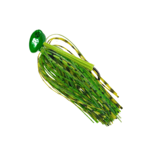 Baby bass green Brush jig with a natural‑green/chartreuse silicone skirt and a lime‑green weedguard for bass fishing.
