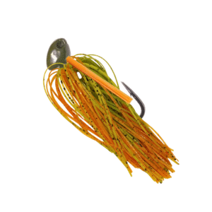 Green pumpkin Brush jig with a green‑pumpkin/orange silicone skirt and an orange weedguard for bass fishing.