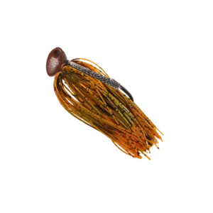 Matte brown Brush jig with an orange‑brown silicone skirt and a brown weedguard for bass fishing.