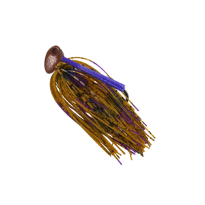 Matte brown Brush jig with a PBJ silicone skirt and a purple weedguard for bass fishing.