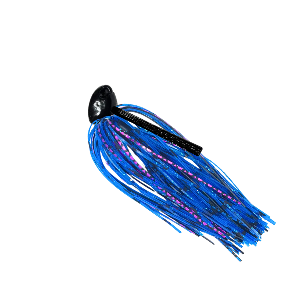 Brush-jig-blue-purple-black-night-shade - 777 tackle Black Brush jig with blue and purple silicone skirt and a black weedguard for bass fishing.