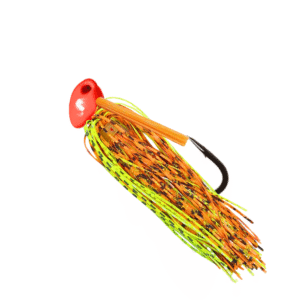 Blaze orange Brush jig with chartreuse and orange silicone skirt and an orange weedguard for bass fishing.