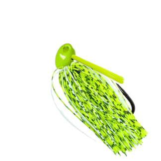 Chartreuse Brush jig with chartreuse, white, and silver silicone skirt and a chartreuse weedguard for bass fishing.