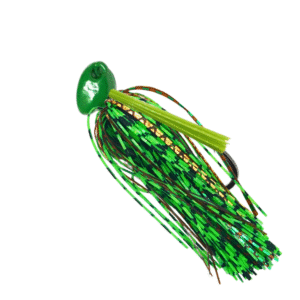 Baby bass green Brush jig with green and copper silicone skirt and a lime green weedguard for bass fishing.