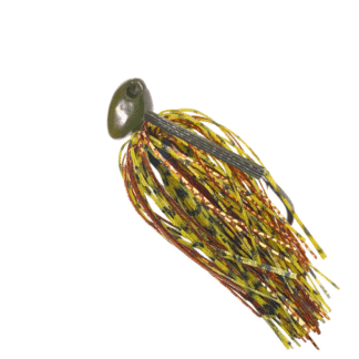 Green pumpkin Brush jig with green pumpkin, brown, and copper silicone skirt and a green pumpkin weedguard for bass fishing.