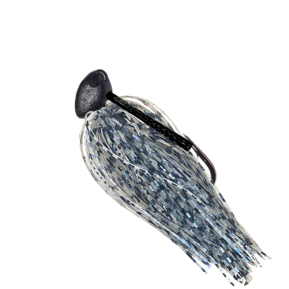 Brush-jig-matte-black-bluegill - 777 tackle Matte black Brush jig with bluegill silicone skirt and a black weedguard for bass fishing.