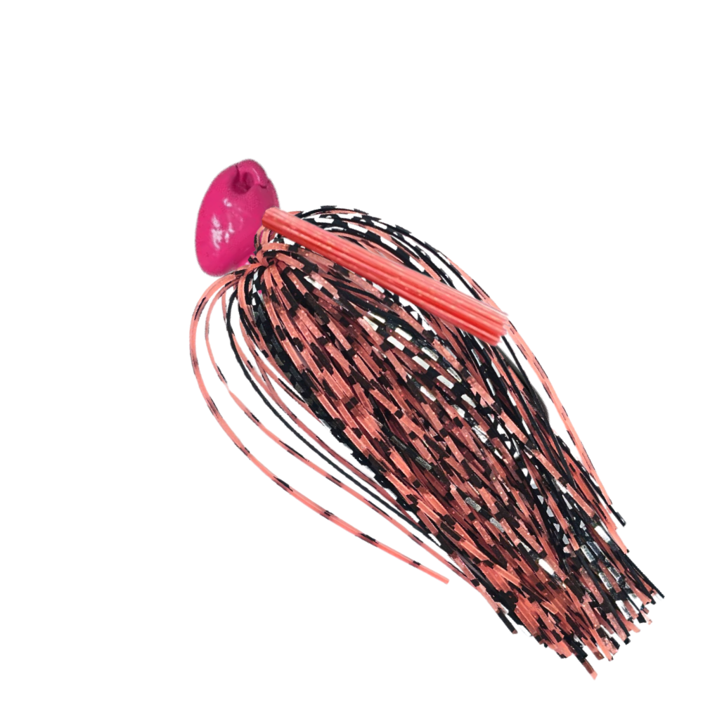 Brush-jig-pink-black-silver-pink-panther - 777 tackle Hot pink Brush jig with pink, black, and silver silicone skirt and a pink weedguard for bass fishing.