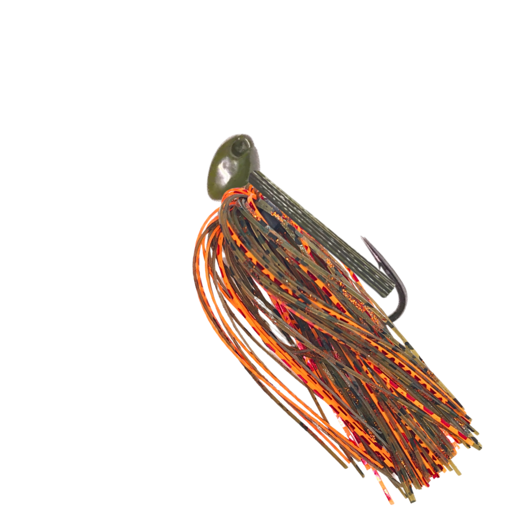 Brush-jig-pumpkin-copper-orange-jack-o-lantern - 777 tackle Green pumpkin Brush jig with pumpkin, copper, and orange silicone skirt and a green pumpkin weedguard for bass fishing.
