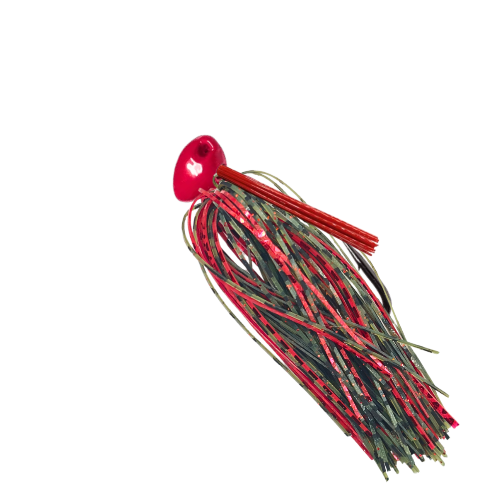 Brush-jig-watermelon-red-crimson-tide - 777 tackle Red Brush jig with watermelon‑red silicone skirt and a red weedguard for bass fishing.