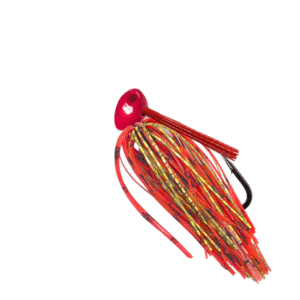 Red Brush jig with red and gold silicone skirt and a red weedguard for bass fishing.